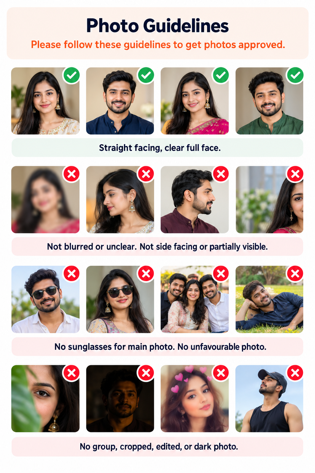 Photo guidelines showing approved and rejected profile photo examples